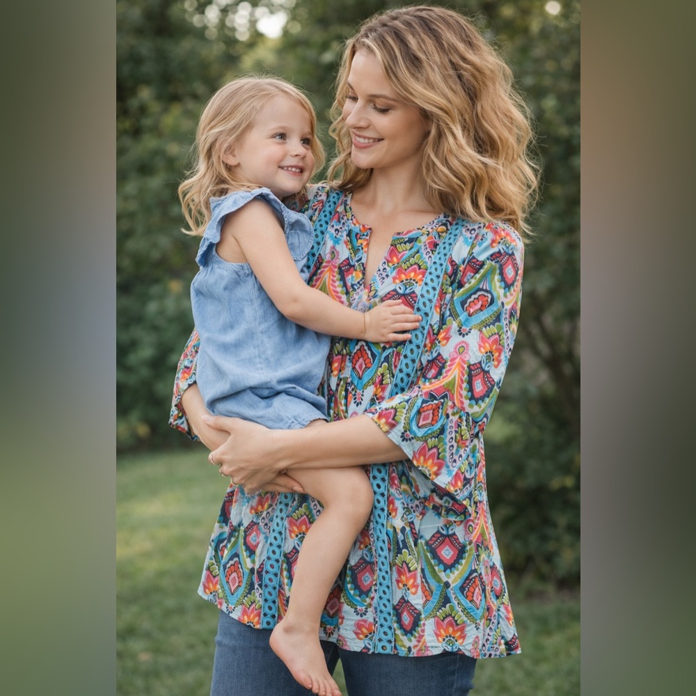 BuCKHEAD BETTIES Colorful Boho Tunic Top Bell Sleeve Paisley NWT
